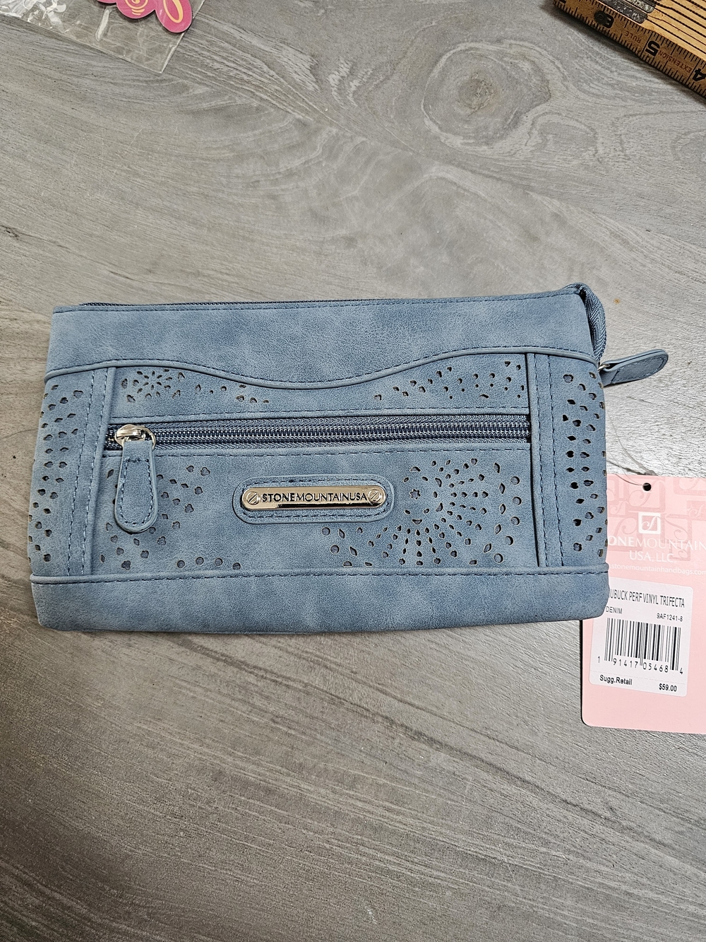 Stone Mountain Accessories Dusty Blue Perforated Faux-Suede Crossbdy